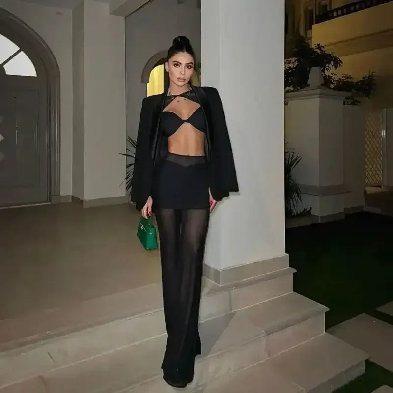 New Mesh Top And Flare Pants Set - Pant