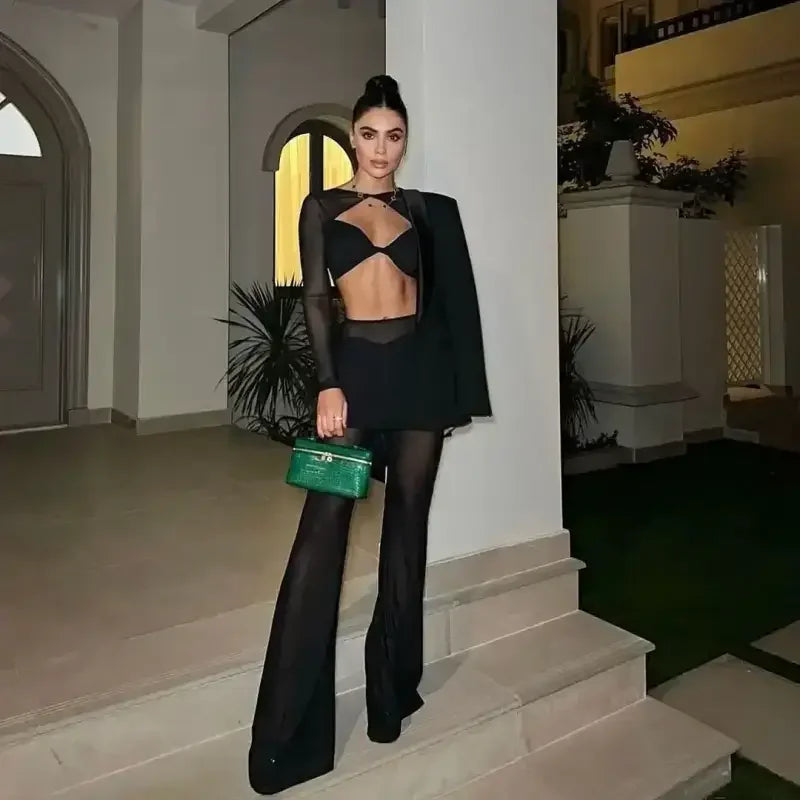 New Mesh Top And Flare Pants Set - Pant