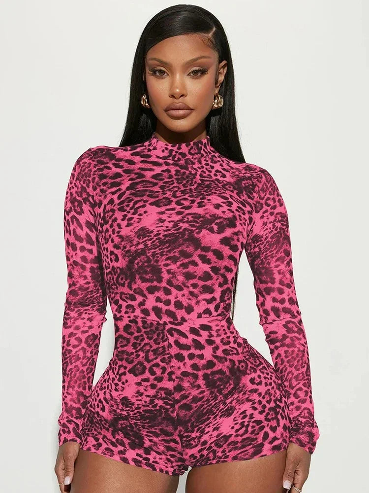 Leopard Short Turtleneck Jumpsuit - Fashionsarah