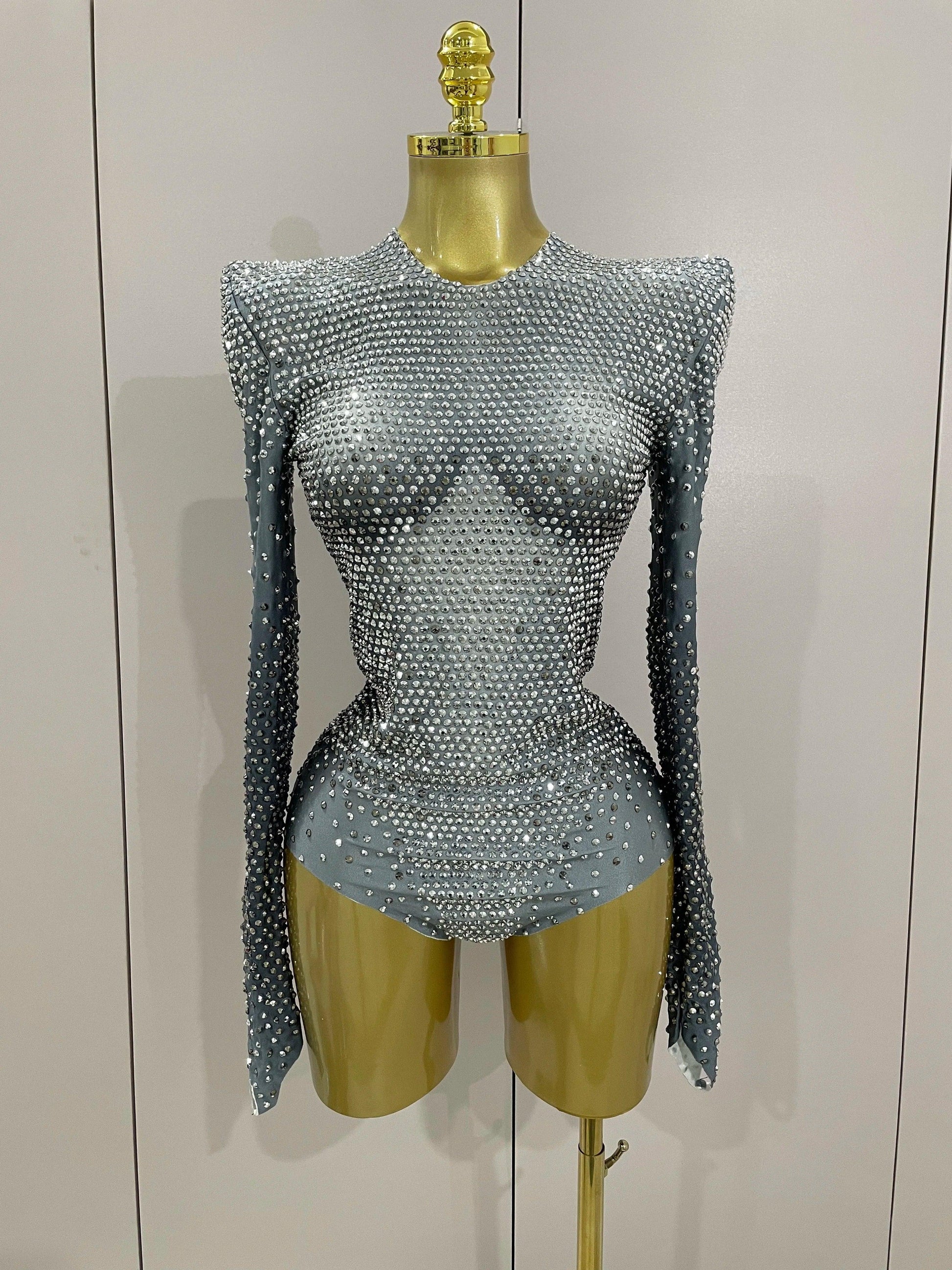 Sparkle Silver Rhinestones Bodysuit - Fashionsarah.com
