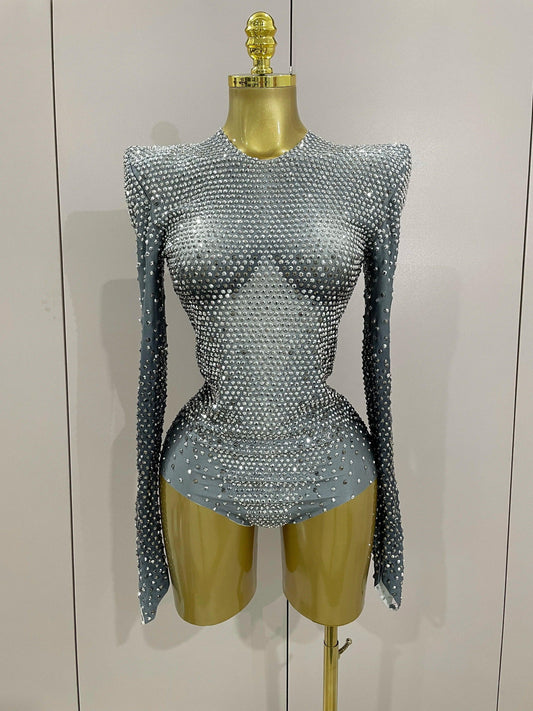 Sparkle Silver Rhinestones Bodysuit - Fashionsarah.com