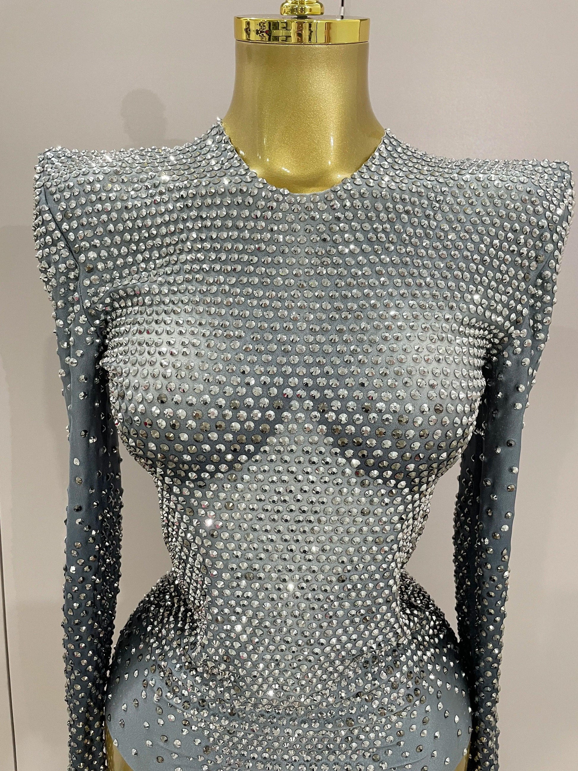 Sparkle Silver Rhinestones Bodysuit - Fashionsarah.com