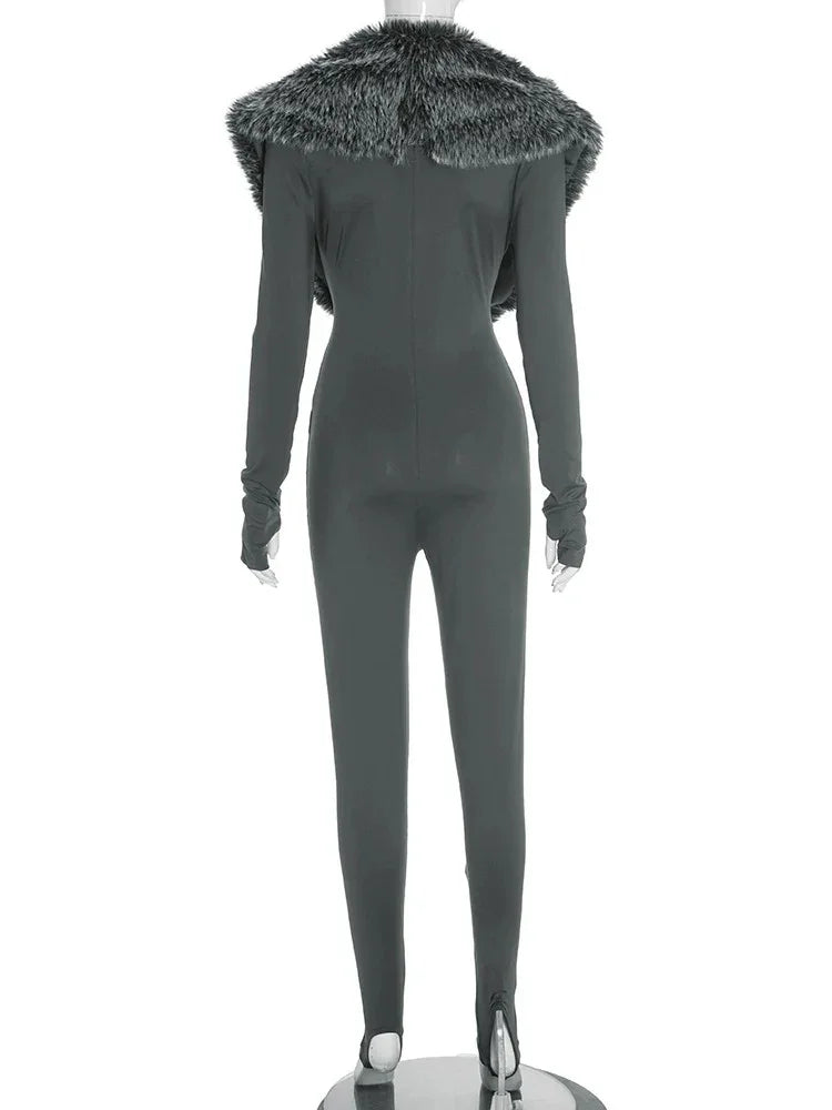 Deep V-Neck Furry Jumpsuits - Fashionsarah.com