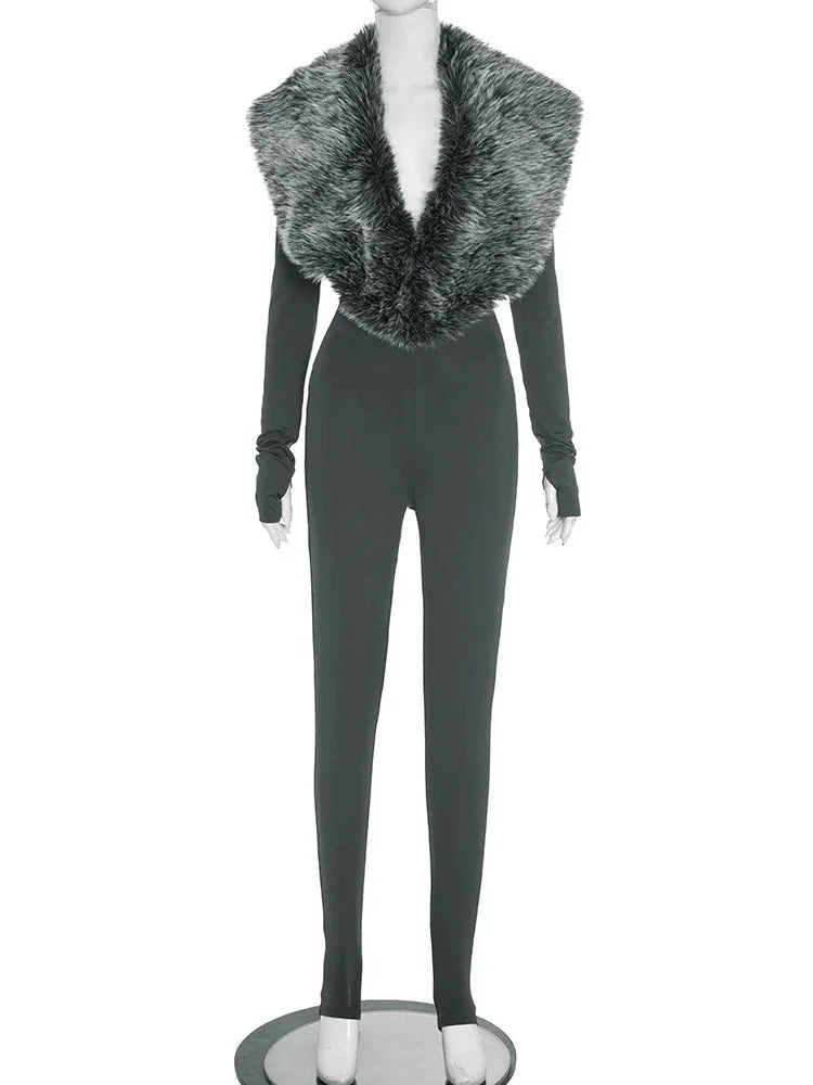 Deep V-Neck Furry Jumpsuits - Fashionsarah.com