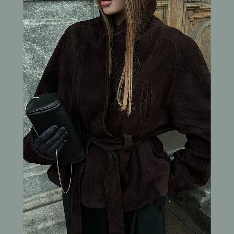 Suede Fabric Stand Up Collar Jacket - Fashionsarah.com