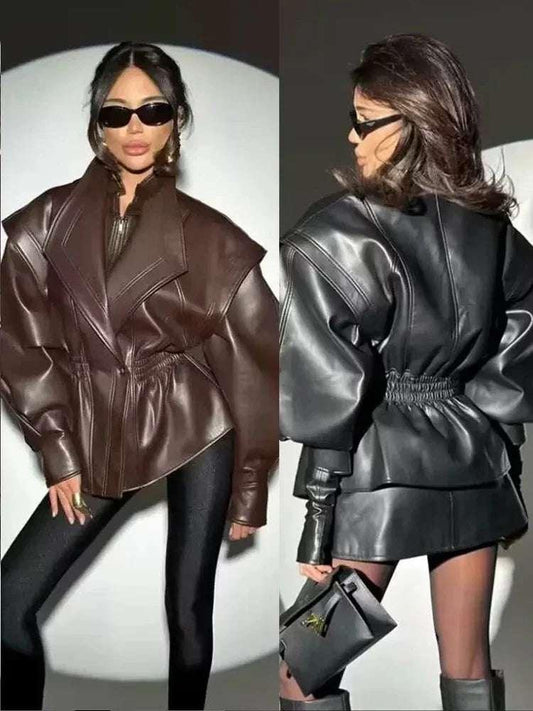 Vintage Wide Shoulder Leather Jacket - Fashionsarah.com