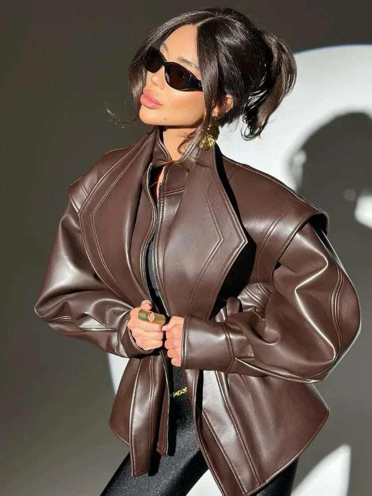 Vintage Wide Shoulder Leather Jacket - Fashionsarah.com