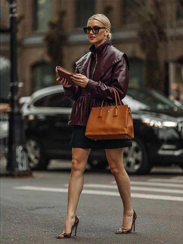 Vintage Wide Shoulder Leather Jacket - Fashionsarah.com