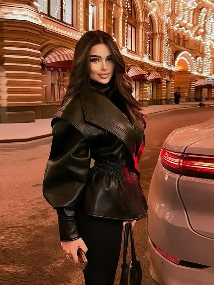 Vintage Wide Shoulder Leather Jacket - Fashionsarah.com