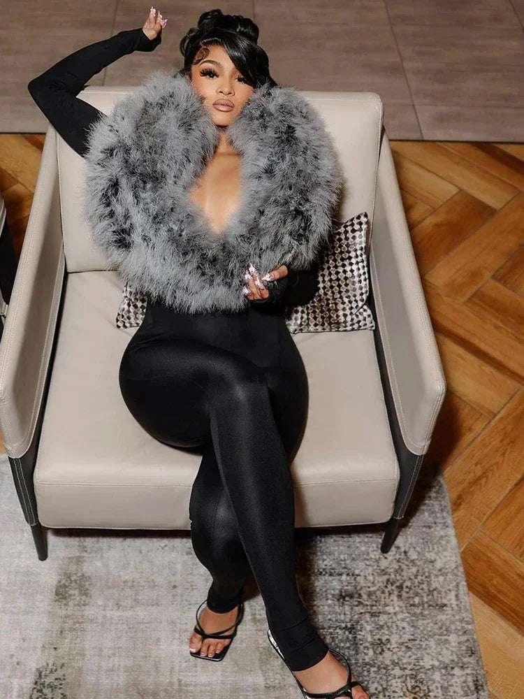 Deep V-Neck Furry Jumpsuits - Fashionsarah.com