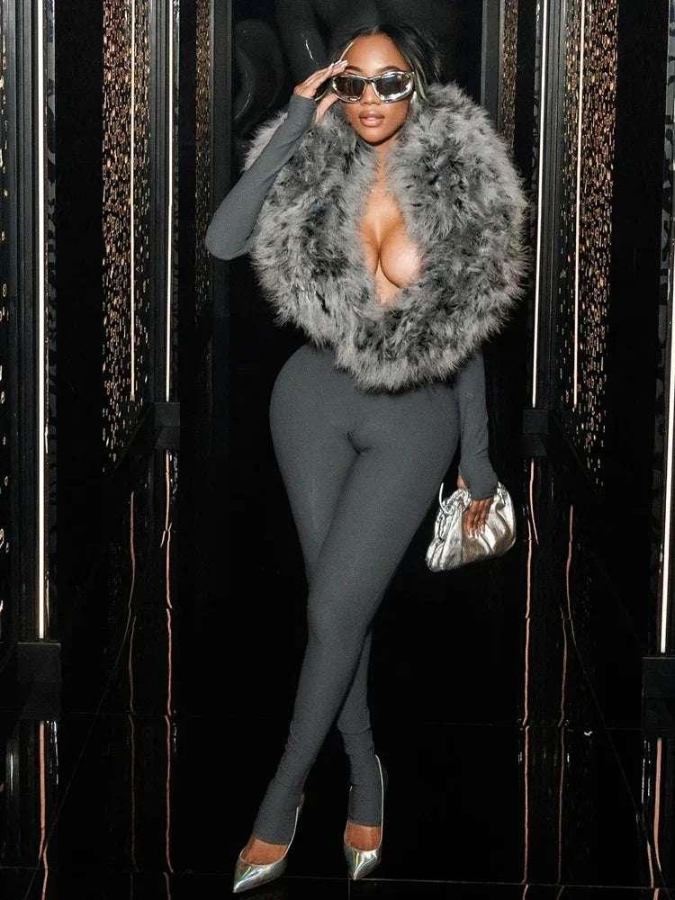 Deep V-Neck Furry Jumpsuits - Fashionsarah.com