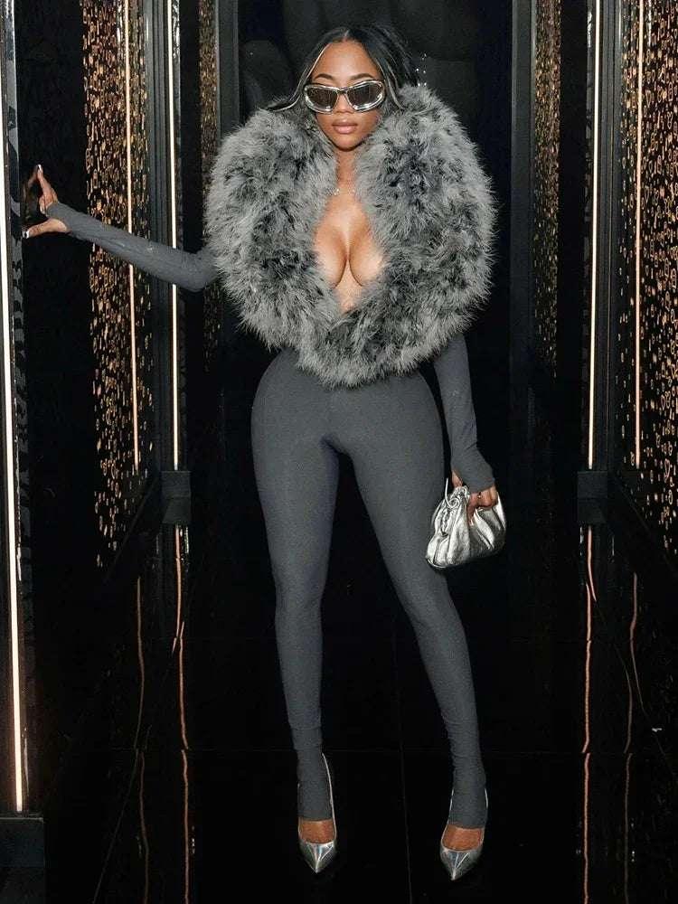 Deep V-Neck Furry Jumpsuits - Fashionsarah.com