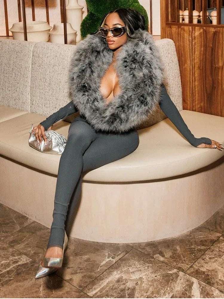 Deep V-Neck Furry Jumpsuits - Fashionsarah.com