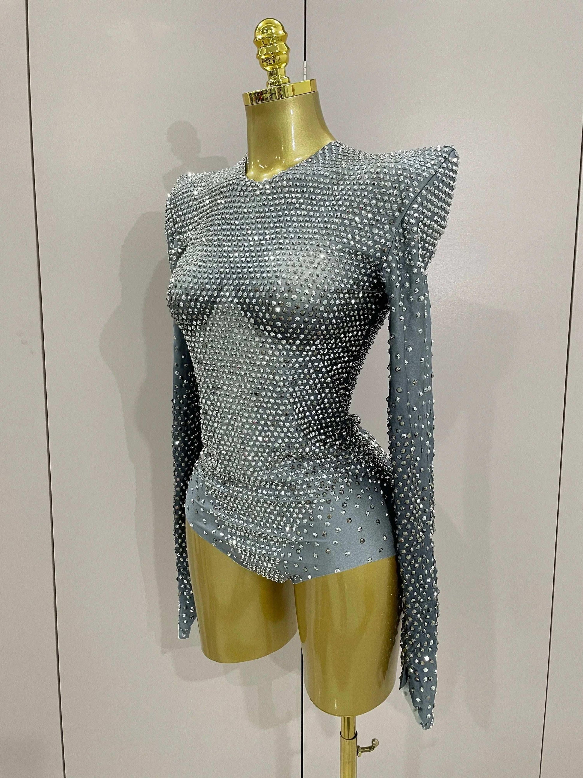 Sparkle Silver Rhinestones Bodysuit - Fashionsarah.com