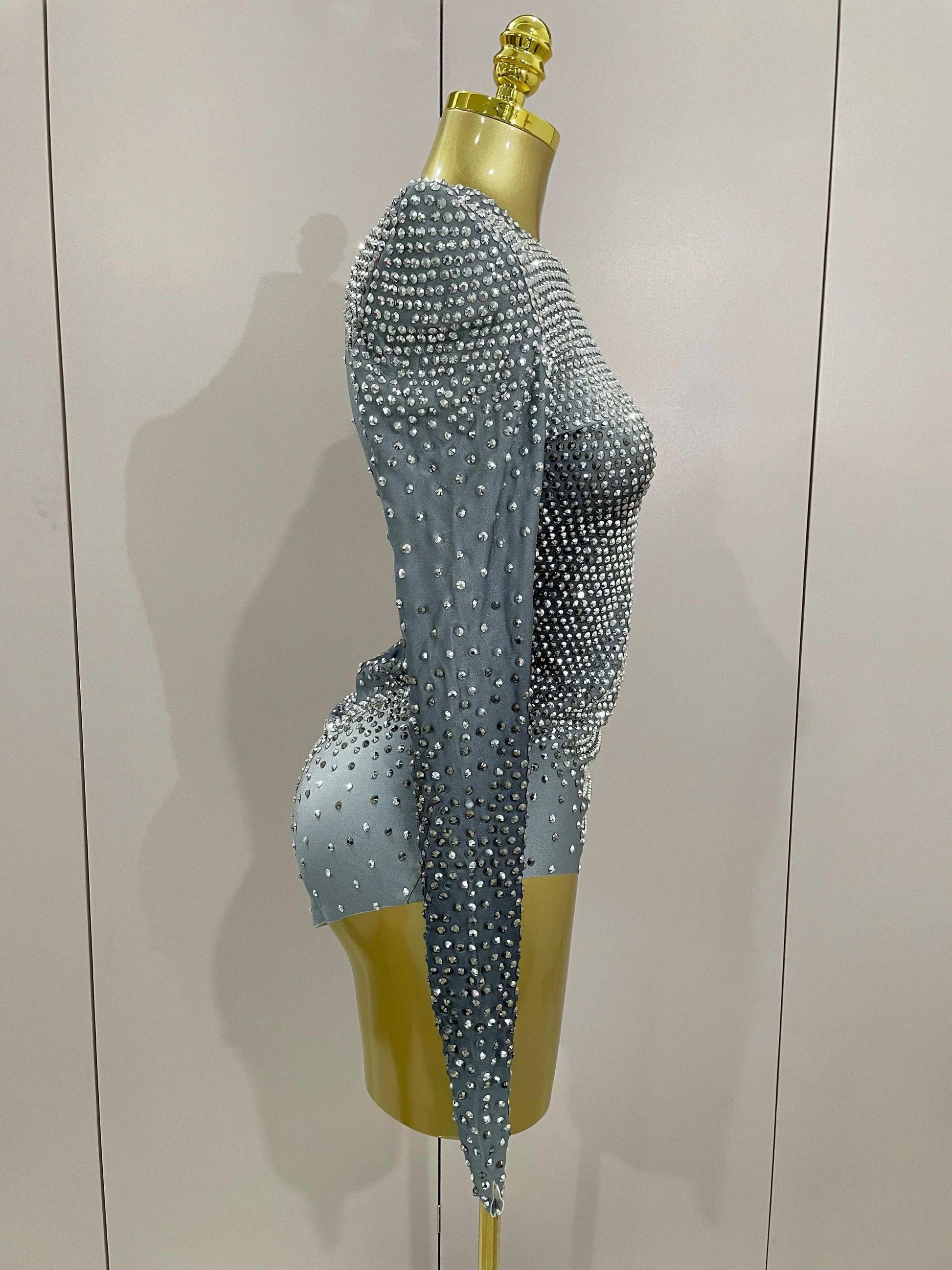 Sparkle Silver Rhinestones Bodysuit - Fashionsarah.com