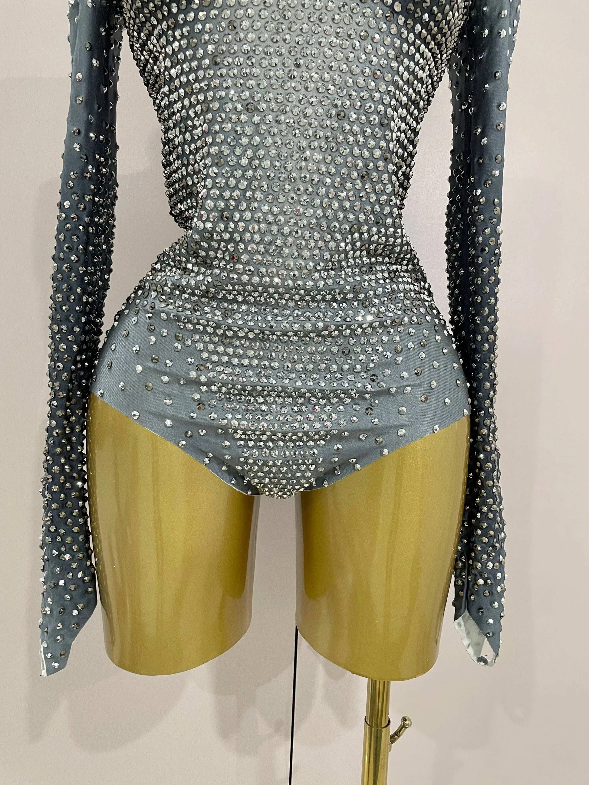 Sparkle Silver Rhinestones Bodysuit - Fashionsarah.com