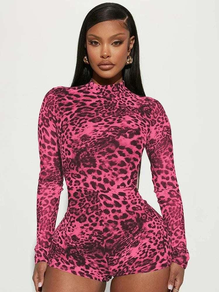 Leopard Short Turtleneck Jumpsuit - Fashionsarah