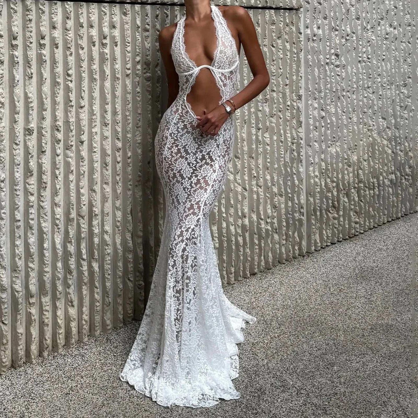 White Mesh Lace Maxi Dress - Fashionsarah.com
