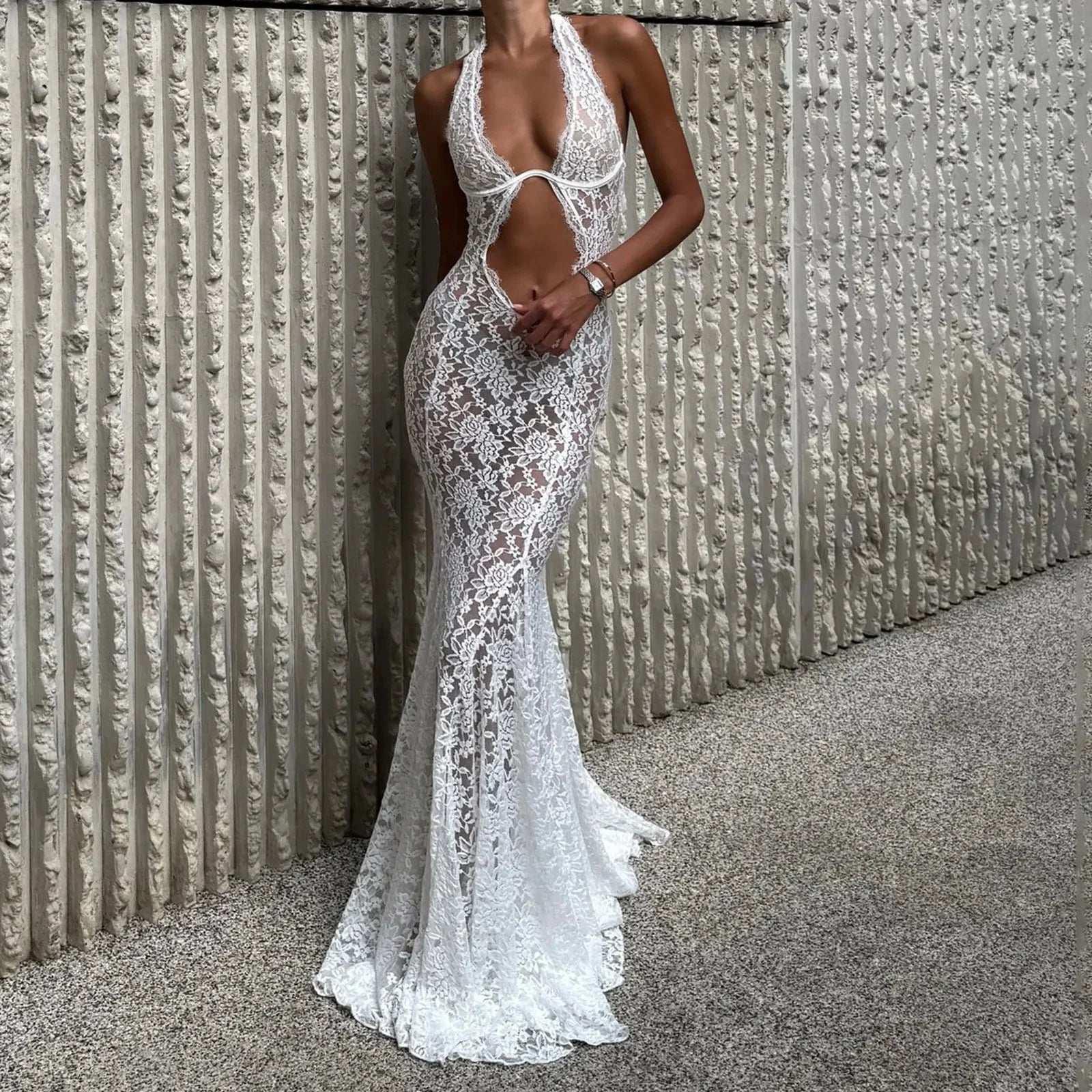 White Mesh Lace Maxi Dress - Fashionsarah.com