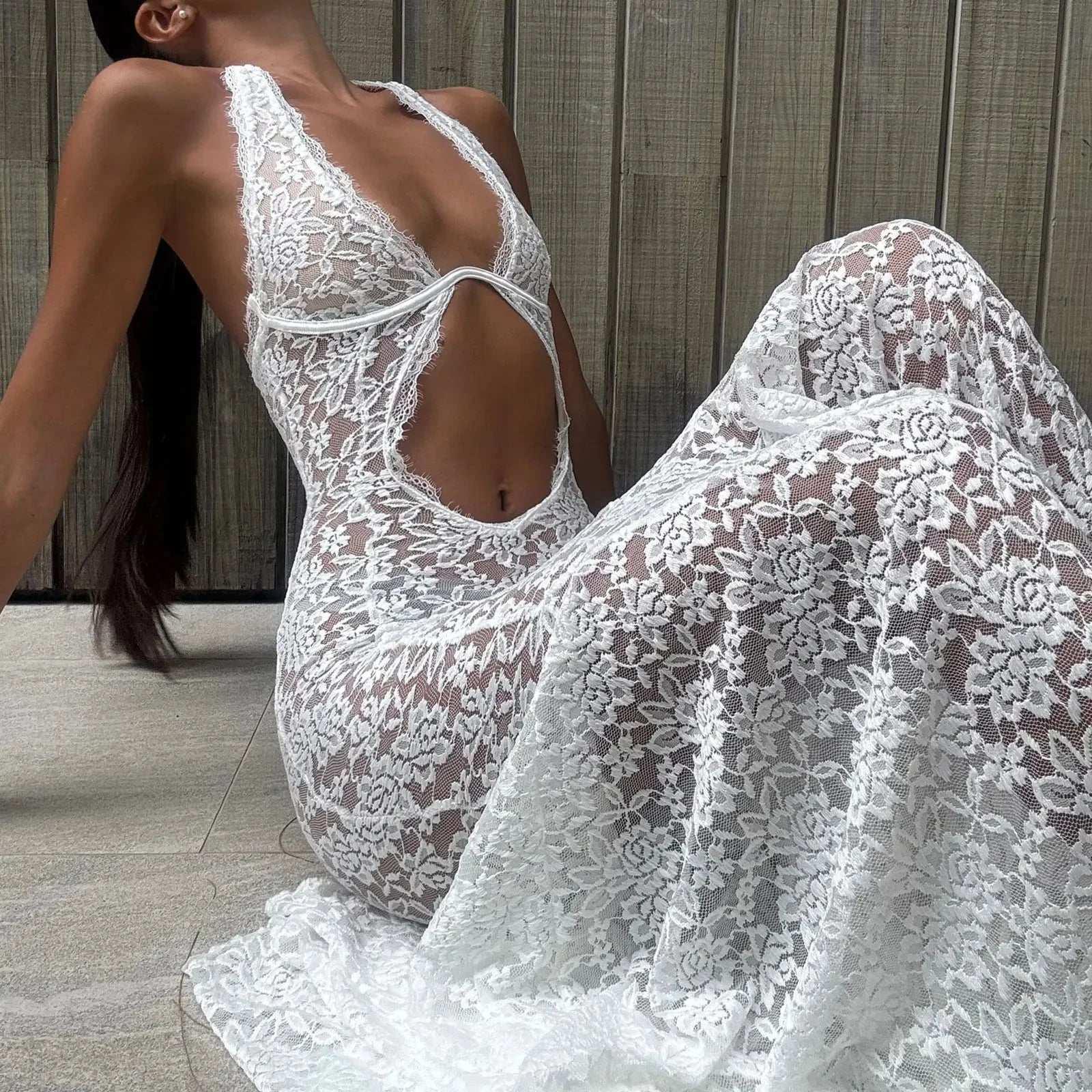 White Mesh Lace Maxi Dress - Fashionsarah.com