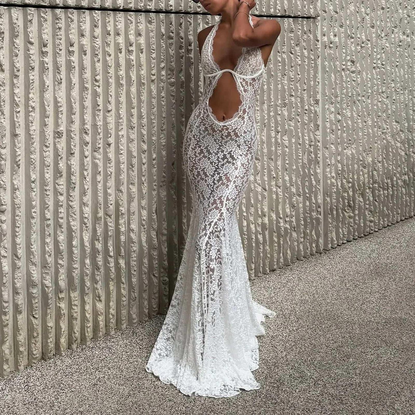 White Mesh Lace Maxi Dress - Fashionsarah.com