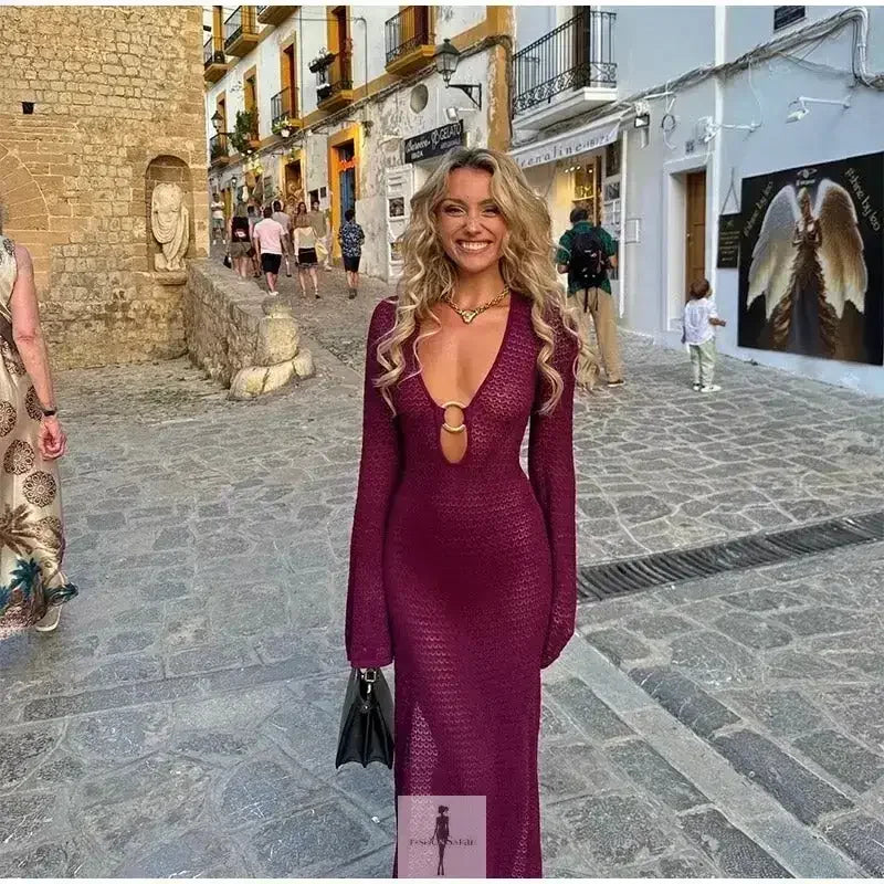 Fashionsarah.com Fashionsarah.com Hollow Out Metal Ring Buckle Splicing Knit Maxi Dress