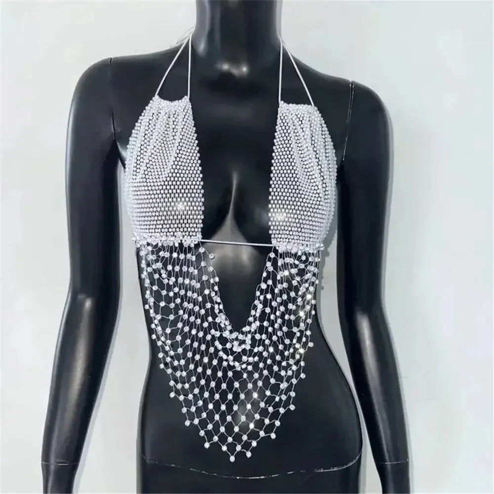 Deep V Rhinestone Crop Tops.