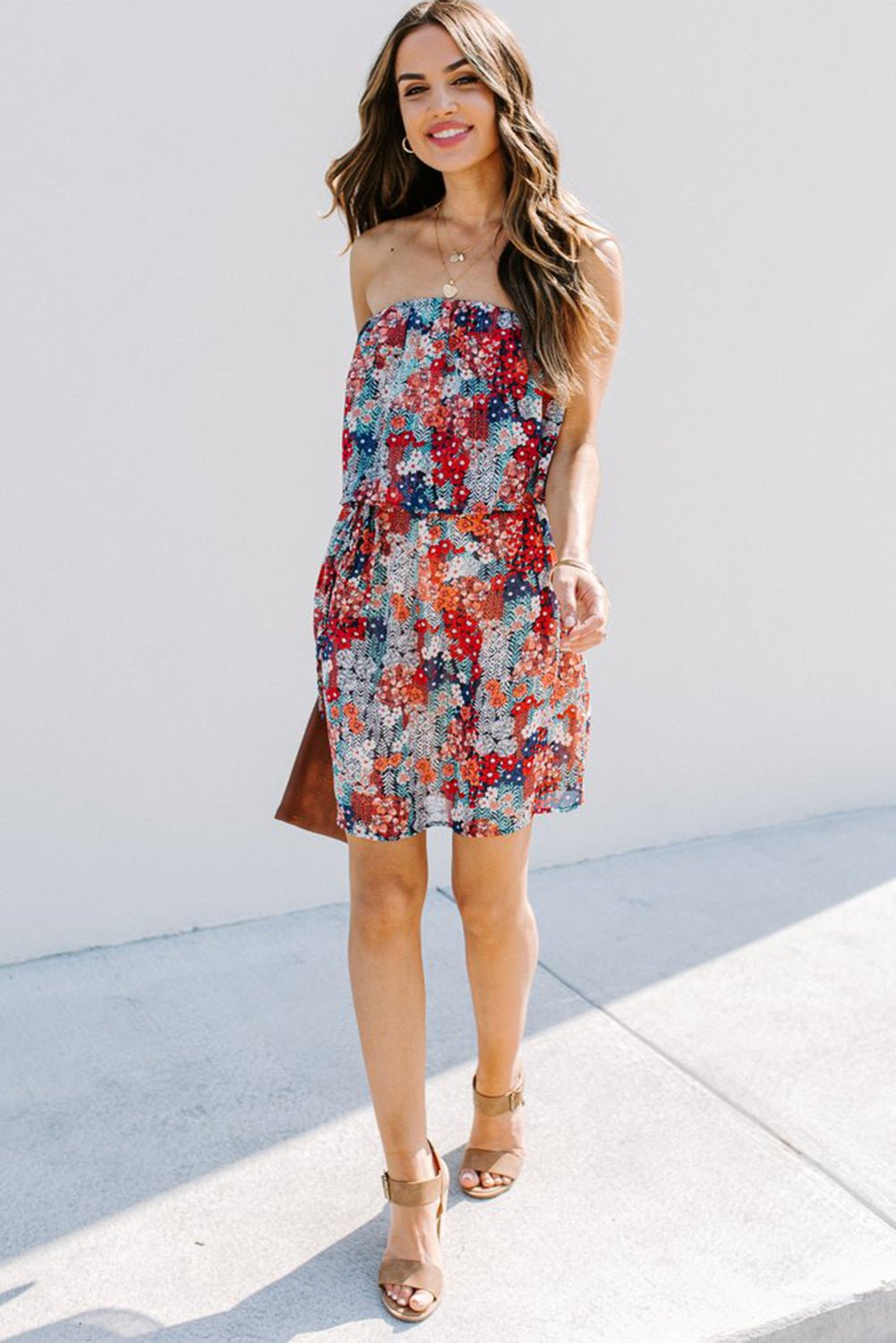 Fashionsarah.com Red Floral Print Tiered Ruffled Bandeau Mini Dress