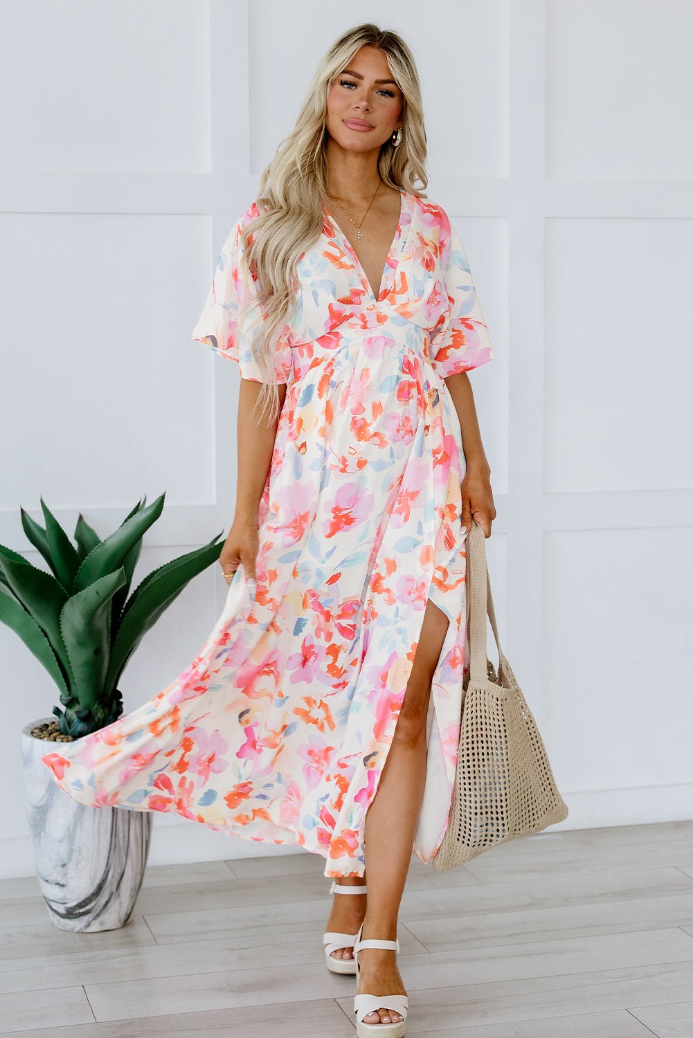 Fashionsarah.com Fashionsarah.com Tropical Floral Ruched V Neck Maxi Dress