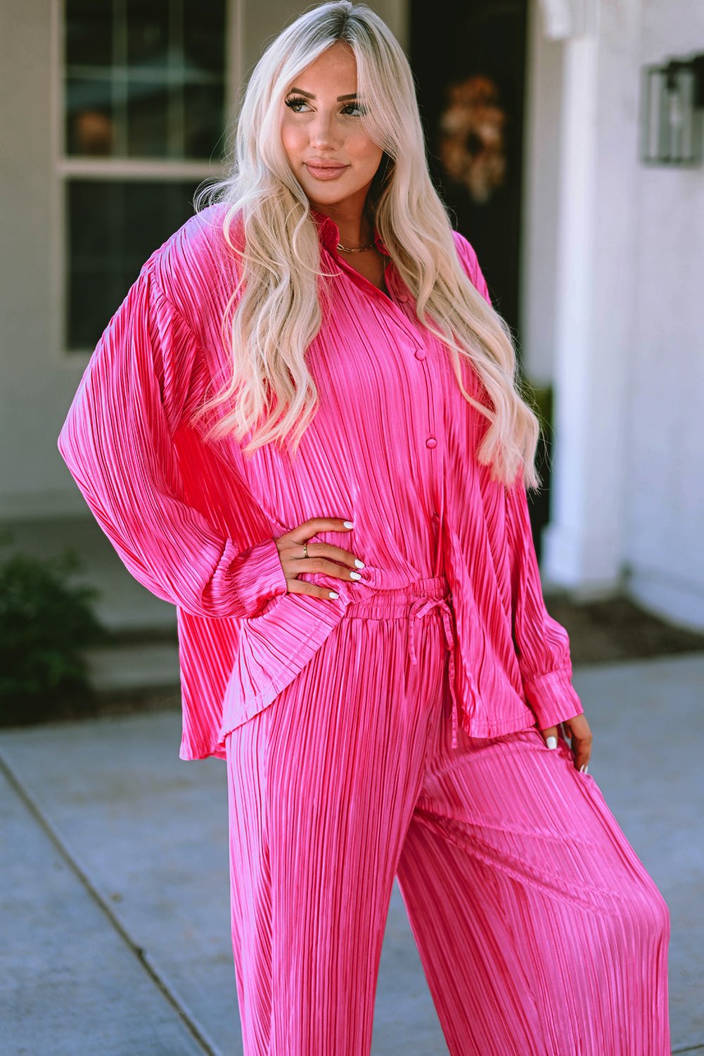 Rose Pleated Long Sleeve Buttoned Drawstring Romper | Fashionsarah.com