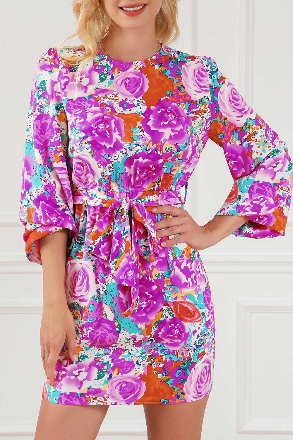 Purple Floral Keyhole Back Long Sleeve Belted Dress | Fashionsarah.com