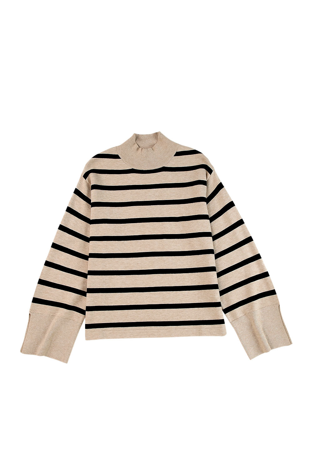 Fashionsarah.com Khaki Striped Mock Neck Bell Sleeve Knit Sweater