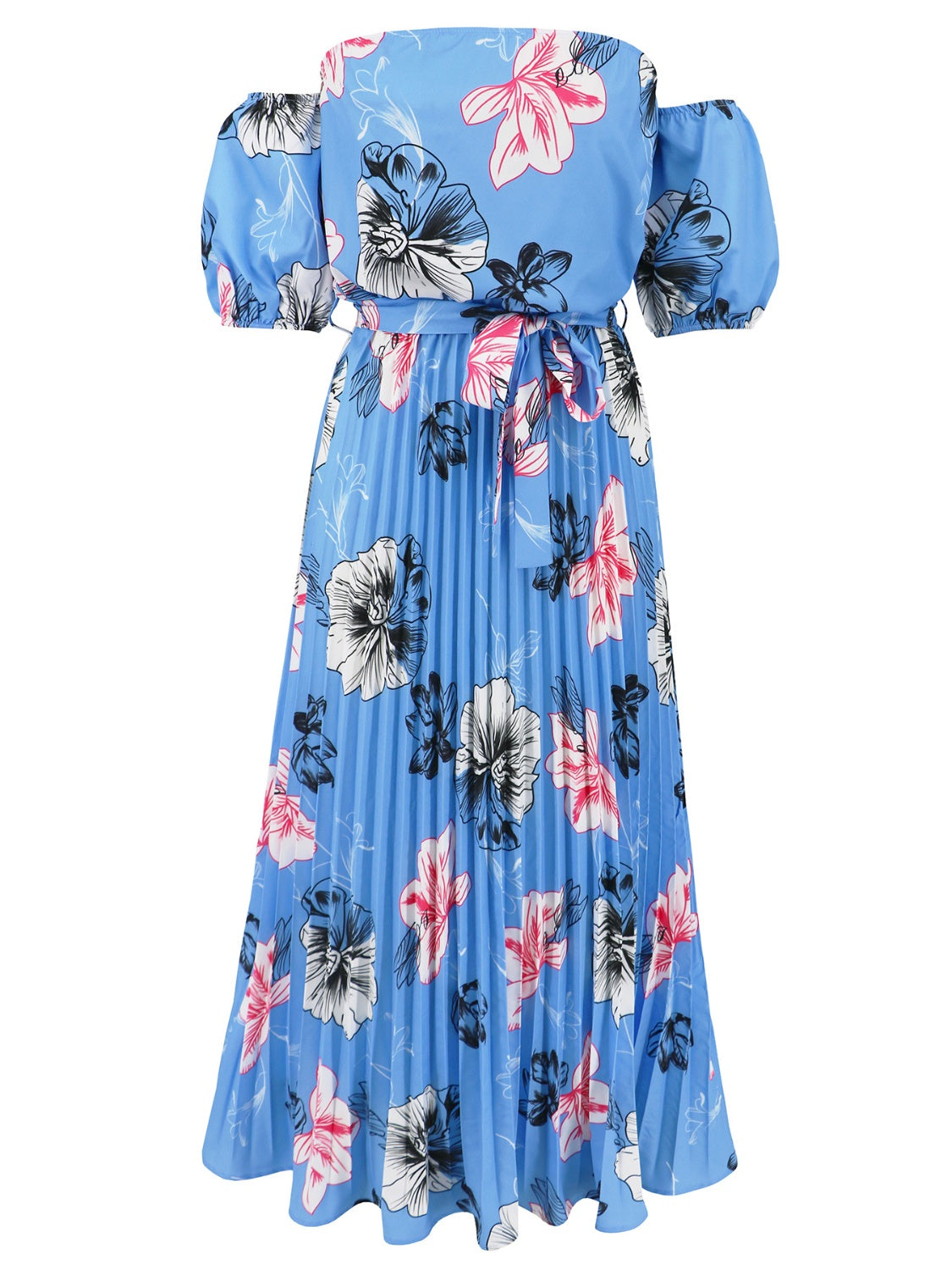 Fashionsarah.com Fashionsarah.com Pleated Floral Off-Shoulder Short Sleeve Midi Dress