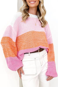 Pink Colorblock Drop Shoulder Pullover Loose Sweater | Fashionsarah.com