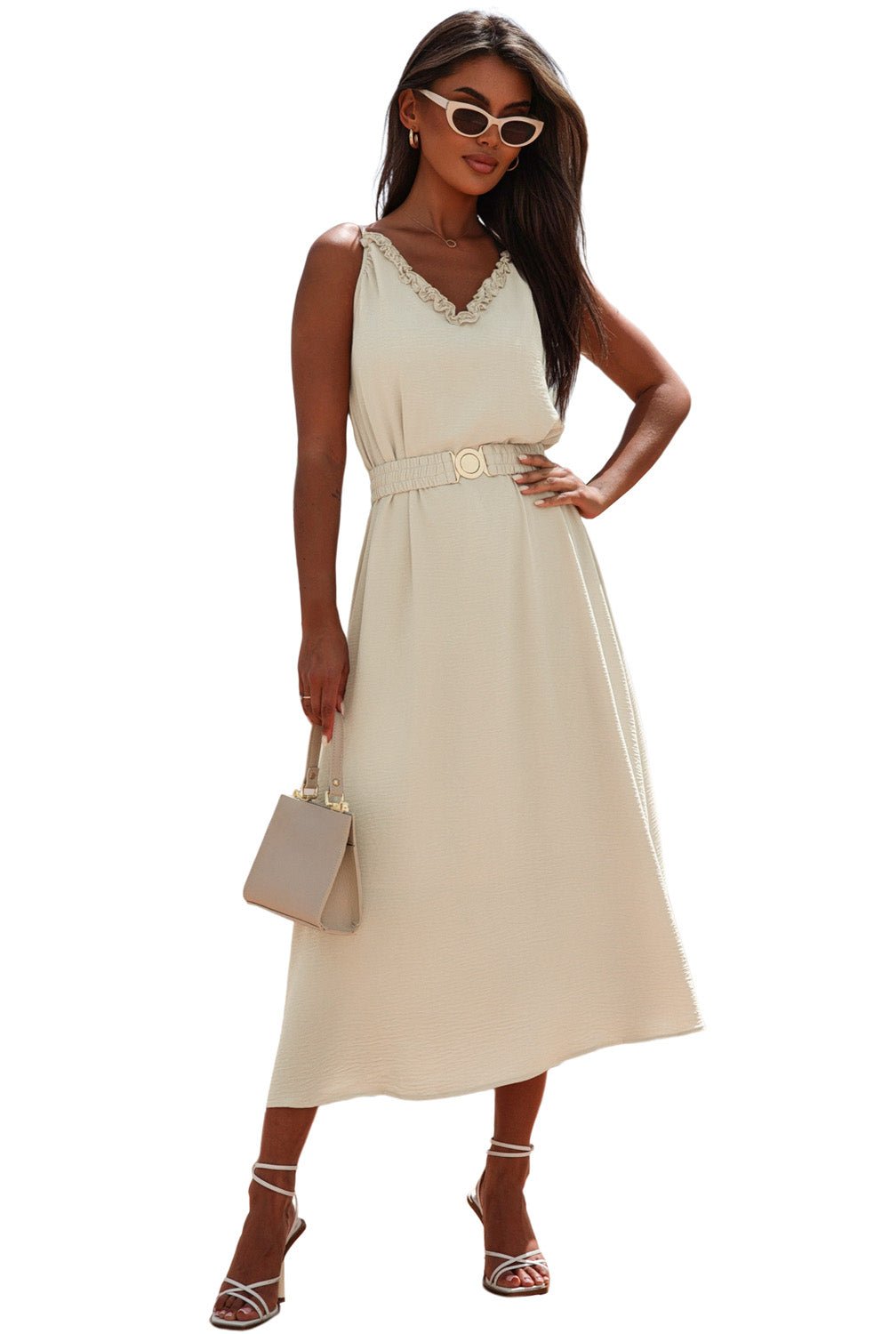 Fashionsarah.com Apricot V Neck Sleeveless Maxi Dress with Elastic Belt