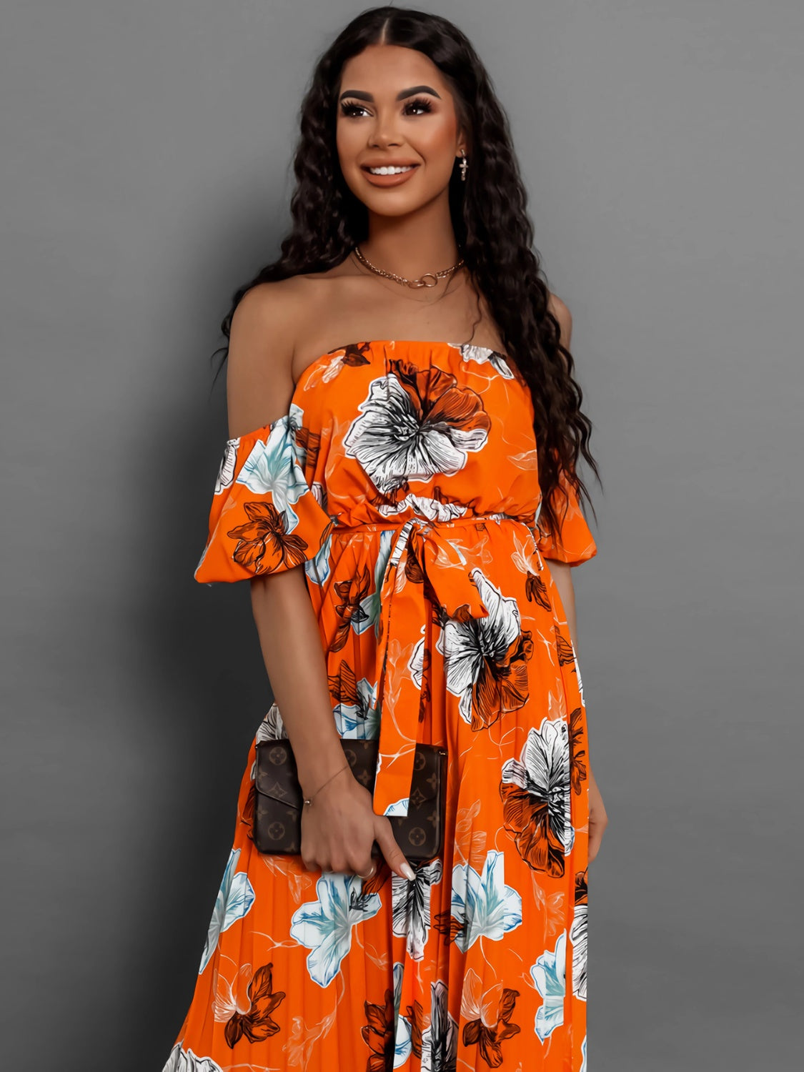 Fashionsarah.com Fashionsarah.com Pleated Floral Off-Shoulder Short Sleeve Midi Dress