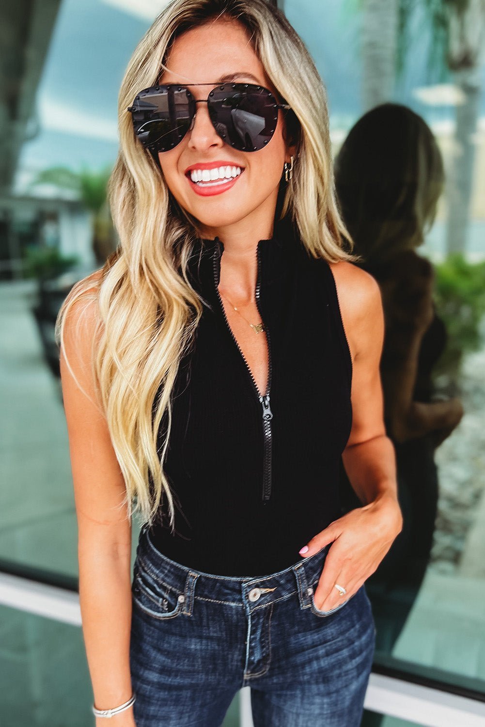 Black Zip up Sleeveless Bodysuit | Fashionsarah.com