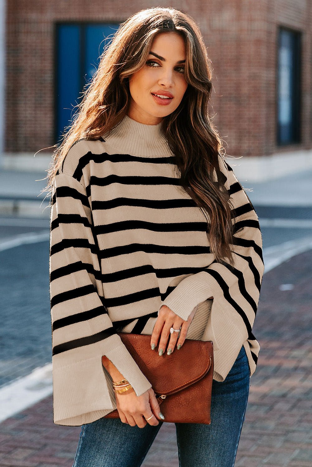 Fashionsarah.com Khaki Striped Mock Neck Bell Sleeve Knit Sweater