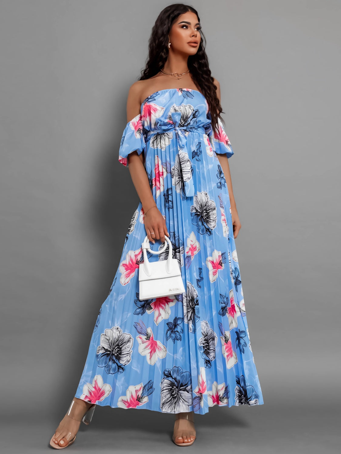 Fashionsarah.com Fashionsarah.com Pleated Floral Off-Shoulder Short Sleeve Midi Dress