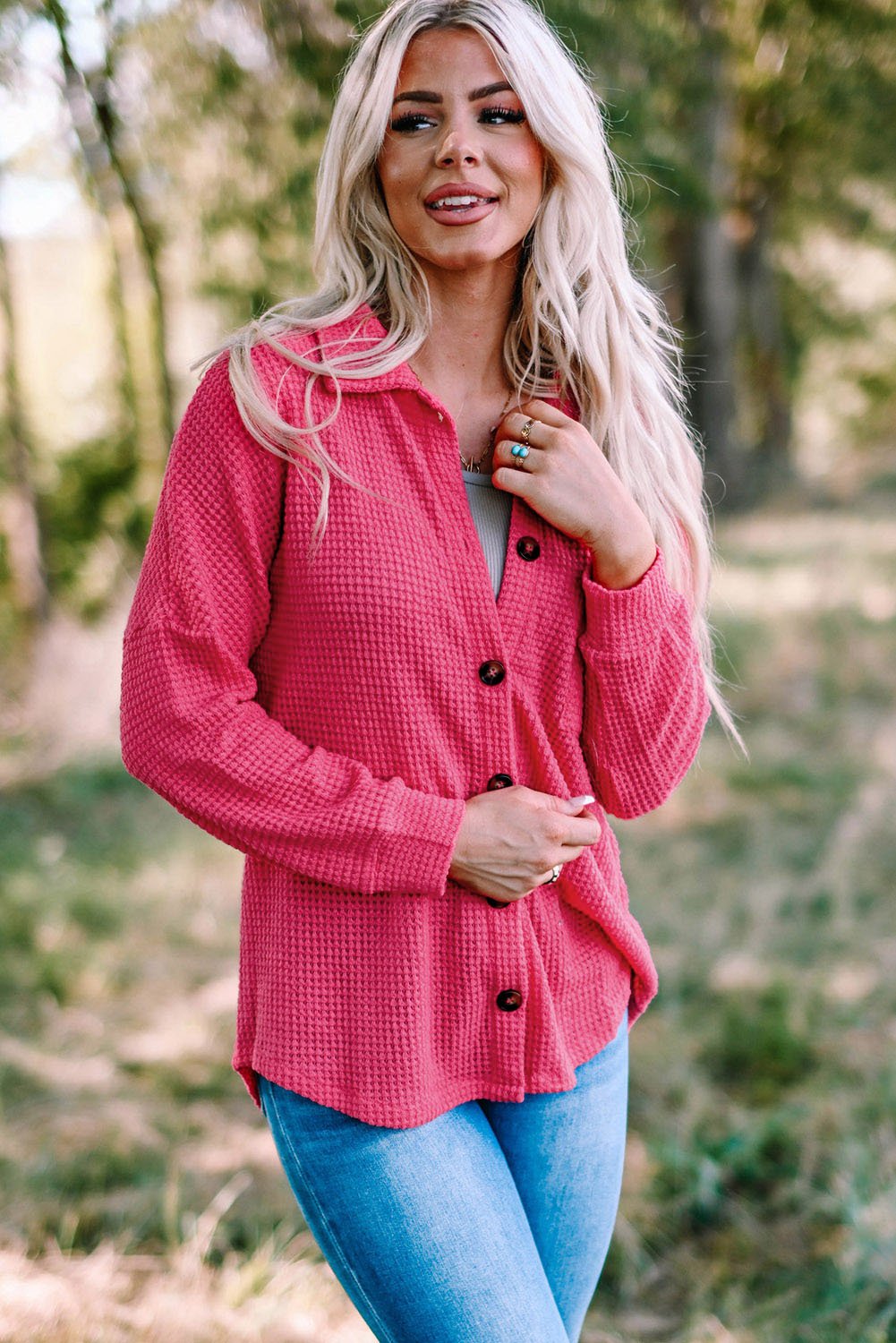 Fashionsarah.com Fashionsarah.com Pink Waffle Knit Button Up Casual Shirt