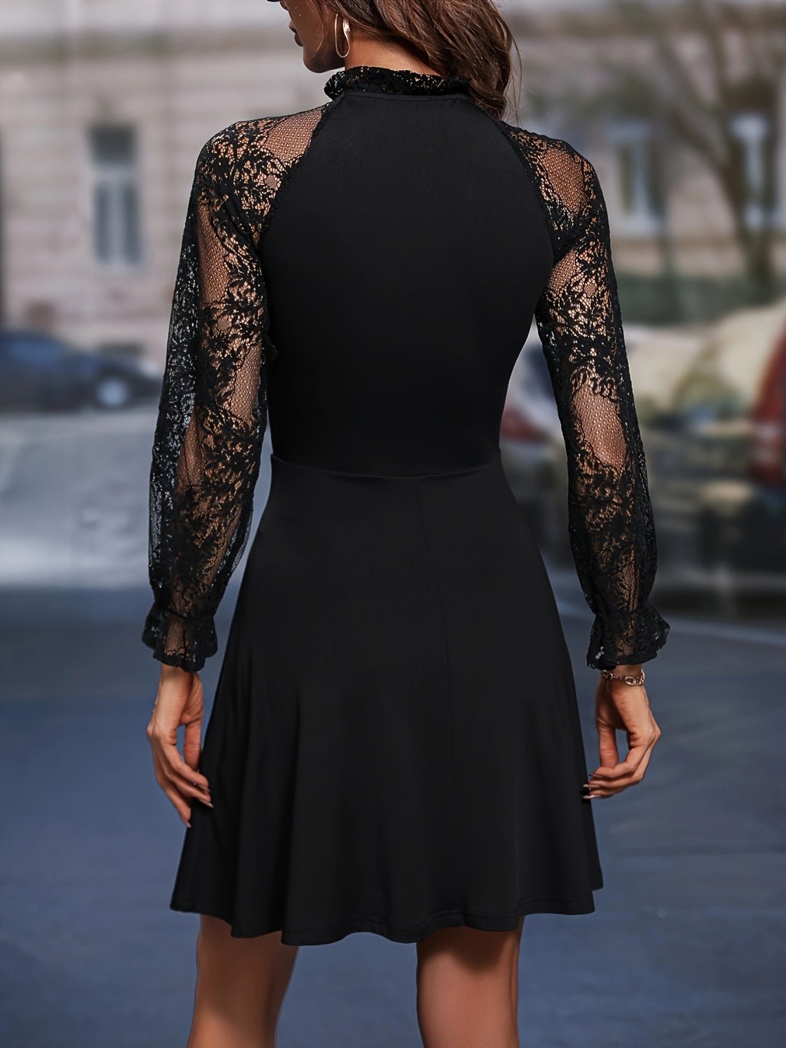 Lace Tie Neck Flounce Sleeve Dress | Fashionsarah.com