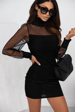 Load image into Gallery viewer, Black Dotted Mesh Striped Frilled Neck Bubble Sleeve Dress | Fashionsarah.com