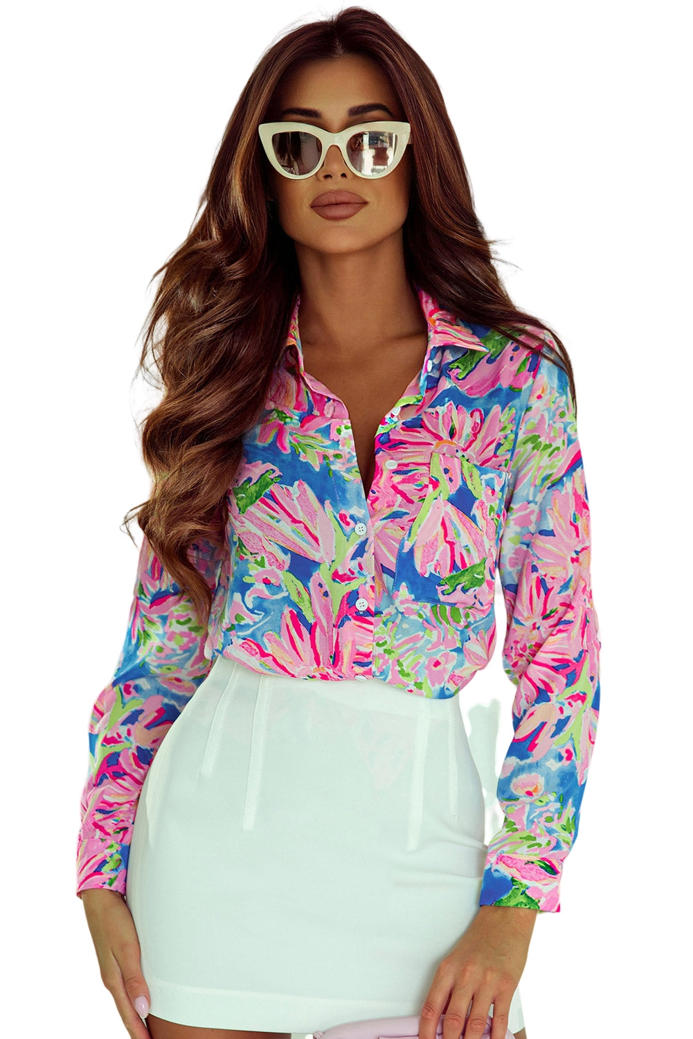 Fashionsarah.com Fashionsarah.com Pink Abstract Floral Print Buttoned Sheath Long Sleeve Shirt