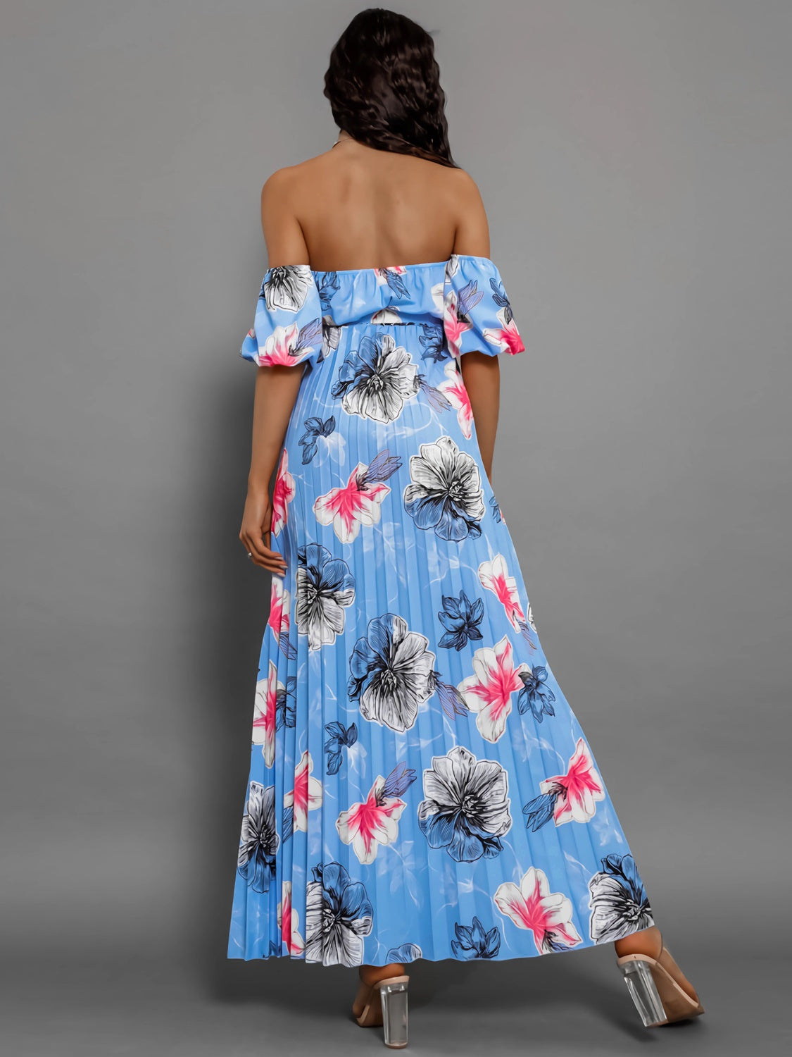 Fashionsarah.com Fashionsarah.com Pleated Floral Off-Shoulder Short Sleeve Midi Dress