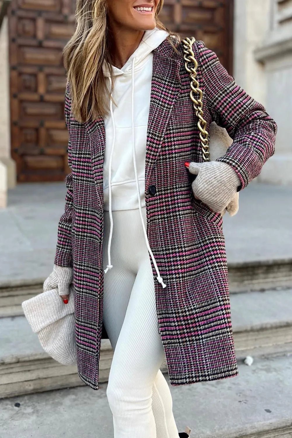 Fashionsarah.com Pink Plaid One Button Midi Coat