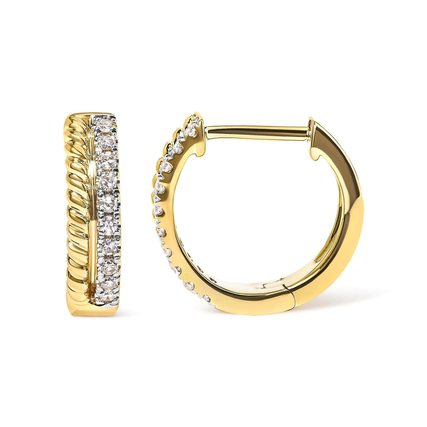 10K Yellow Gold 1/10 Cttw Diamond and Rope Twist Huggy Hoop Earrings (H-I Color, I1-I2 Clarity) | Fashionsarah.com