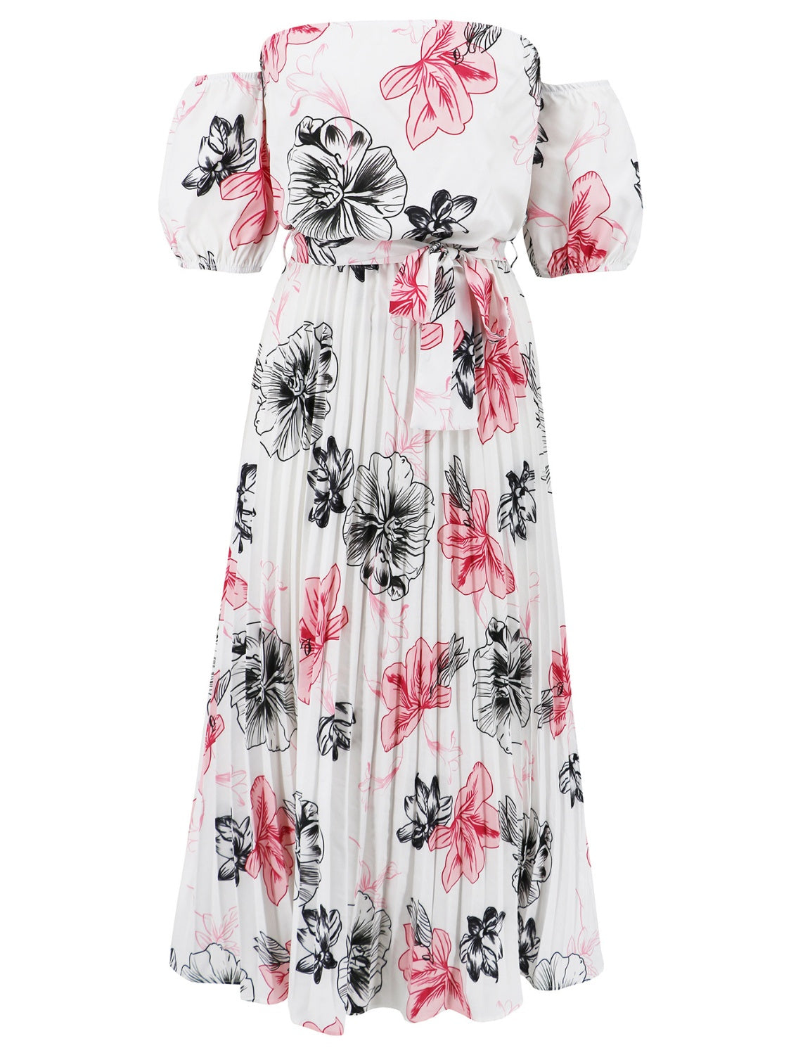 Fashionsarah.com Fashionsarah.com Pleated Floral Off-Shoulder Short Sleeve Midi Dress