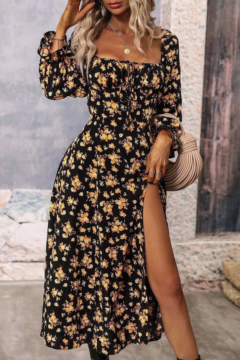 Black Floral Slit Dress | Fashionsarah.com