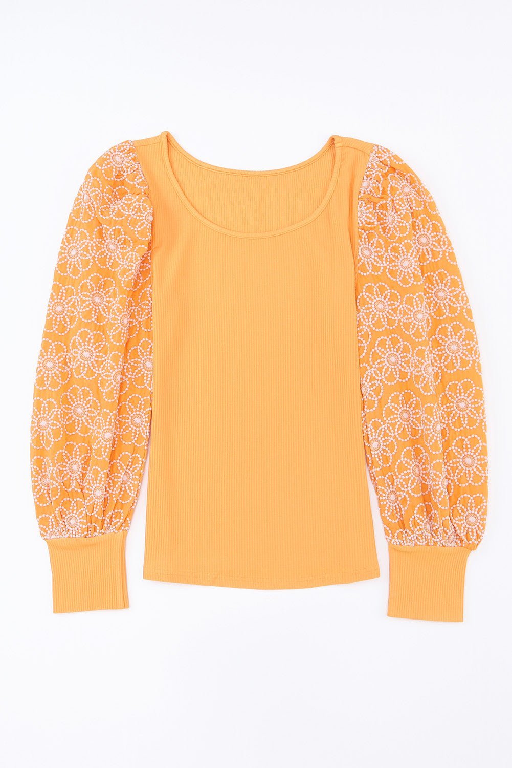 Fashionsarah.com Yellow Flower Puff Sleeve Ribbed Knit Top