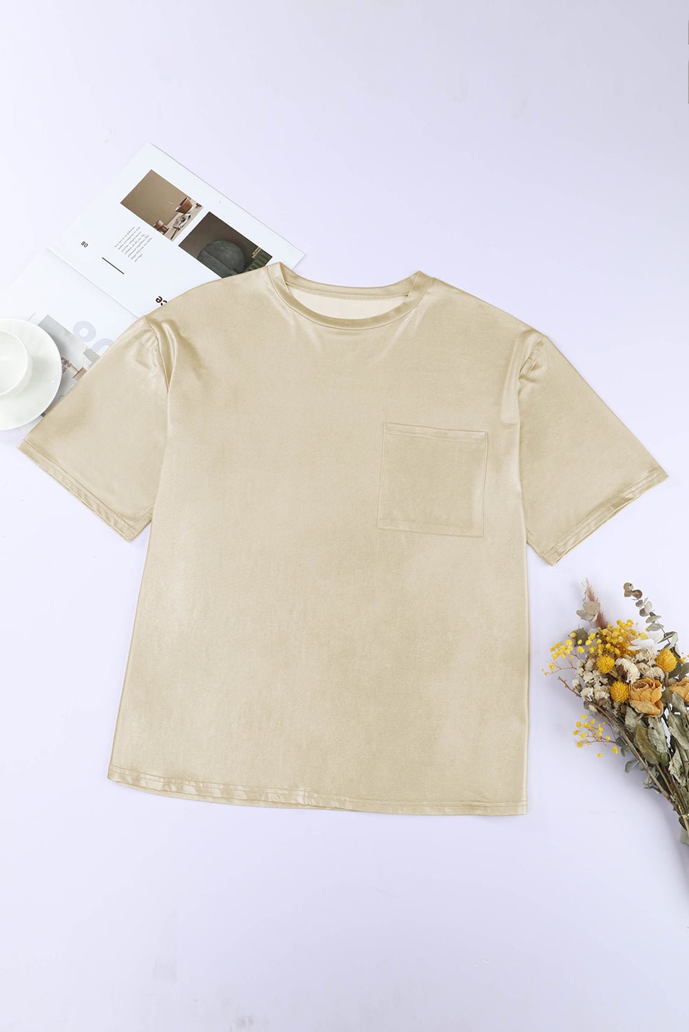 Apricot Chest Pocket Loose Women T Shirt | Fashionsarah.com